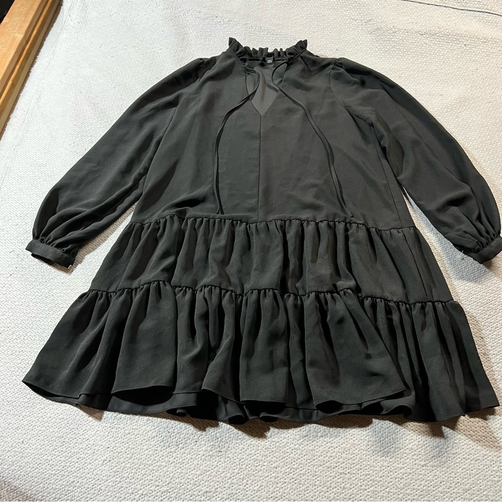 River Island Black High Ruffle Neck Long Sleeve Tiered Chiffon Dress Size 10 Euc